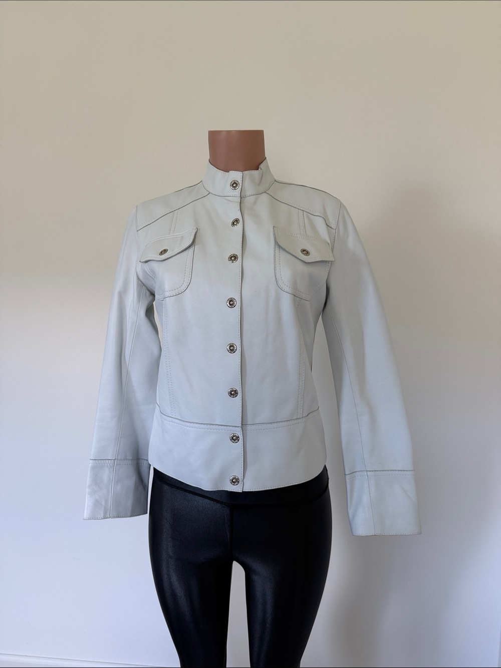 Women's White Leather Button-Front Jacket with Stand Collar